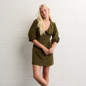 American eagle briar corduroy Olive Green Button-Up Dress with collar